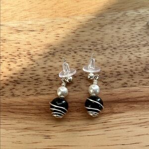 Black Onyx and Faux Pearl Wire-Wrapped Earrings